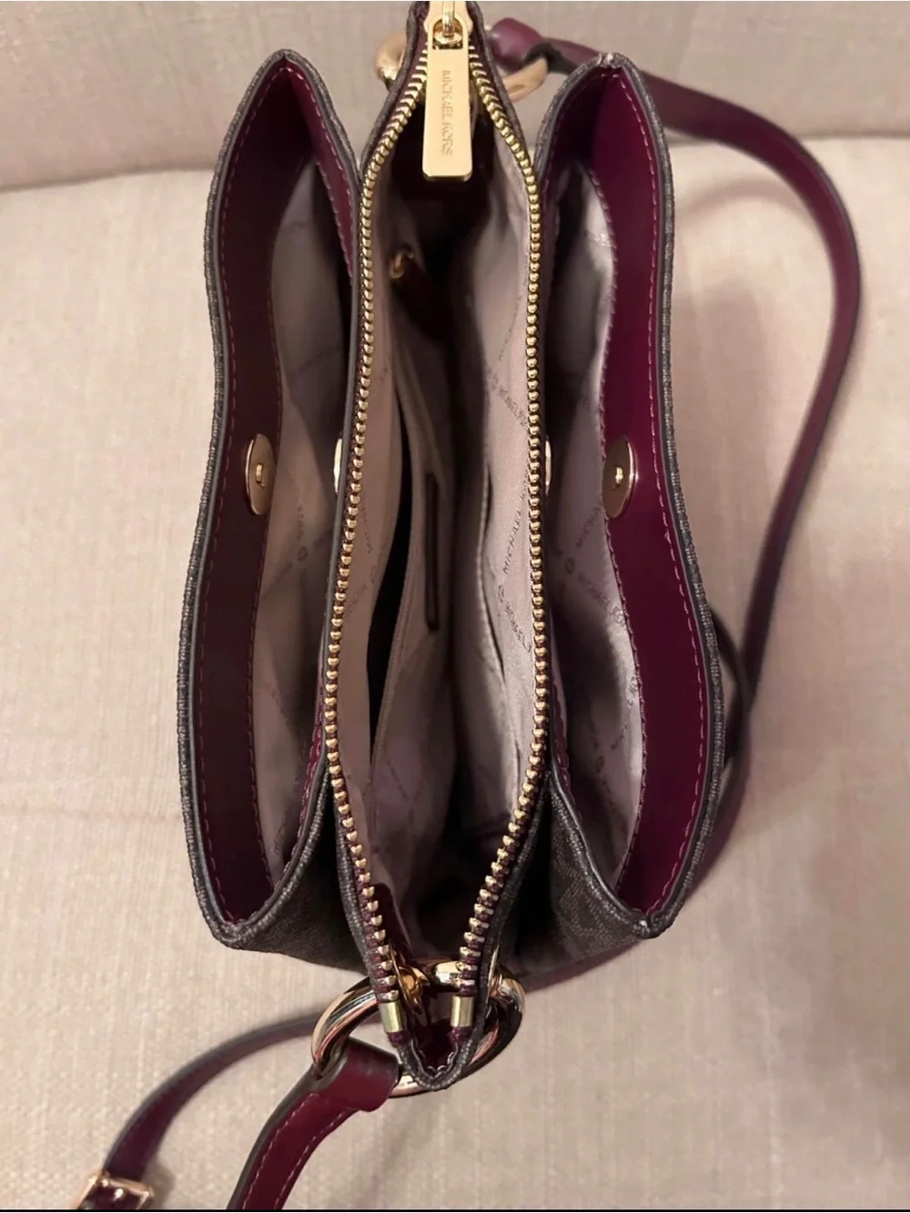 Michael Kors Brown Monogram Crossbody with Plum Accents